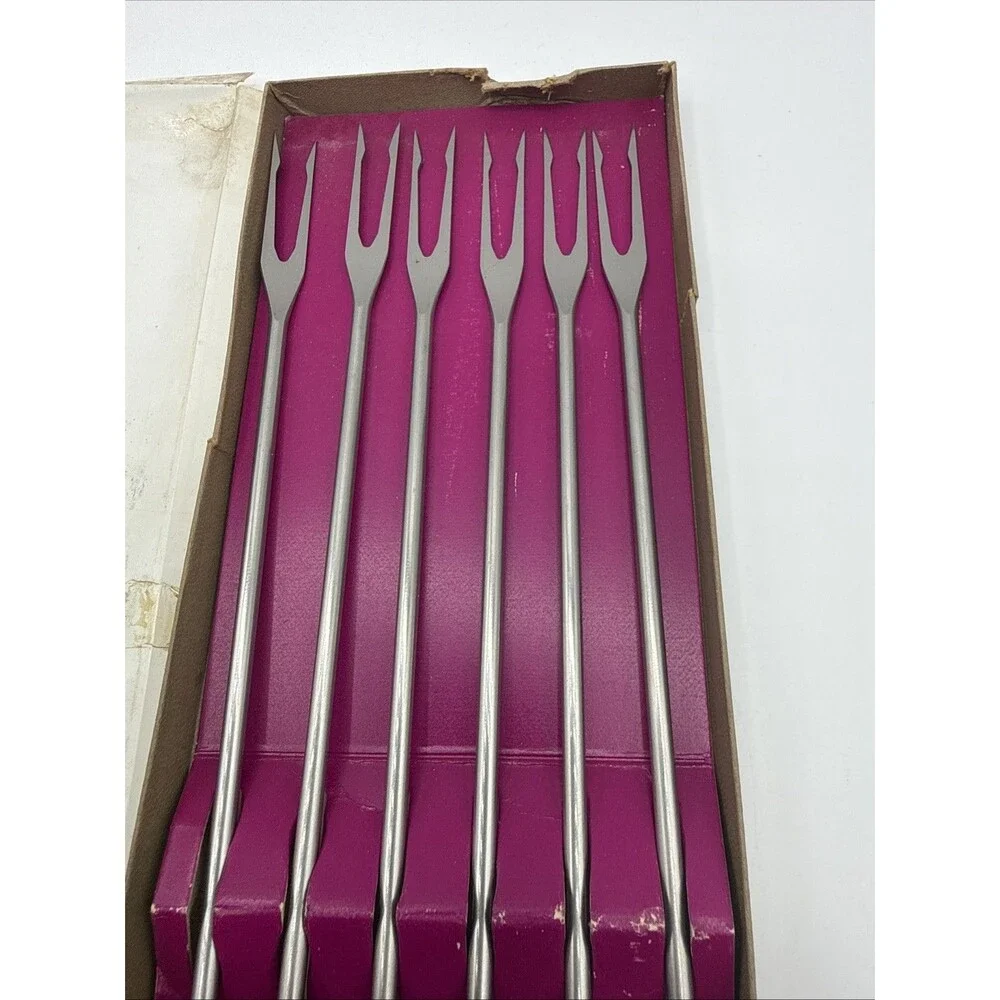 Vintage Spring Switzerland Fondue Fork Set/6 Original Box Black Handle Party
